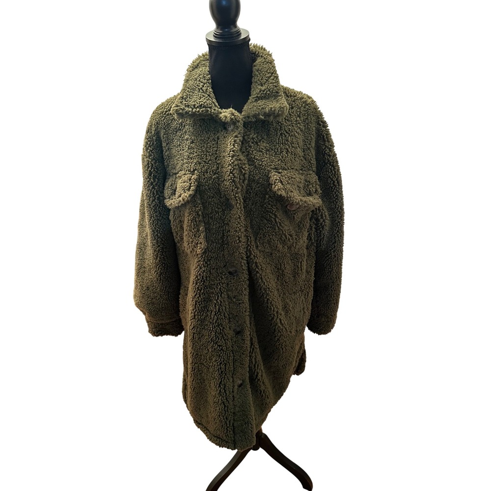 Me Jane Women Olive Green Sherpa Fleece Shacket Oversized Longline Jacket Large